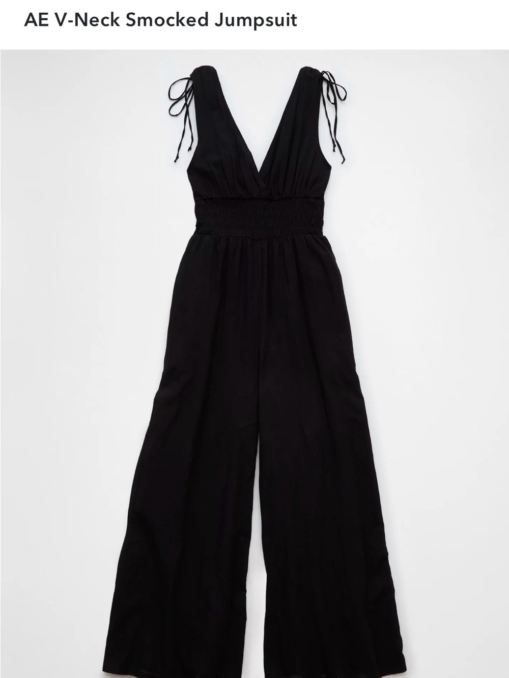 American Eagle Outfitters Black V-Neck Tie-Shoulder Smocked Wide-Leg Jumpsuit